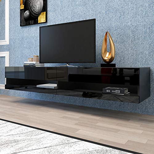 71 Inch TV Stand Cabinet Wall Mounted Floating Television Stand up to 80" TVs with 20 Color LEDs Black Modern High Gloss Storge Shelf Entertainment Center Console Table for Living Room - Image 2