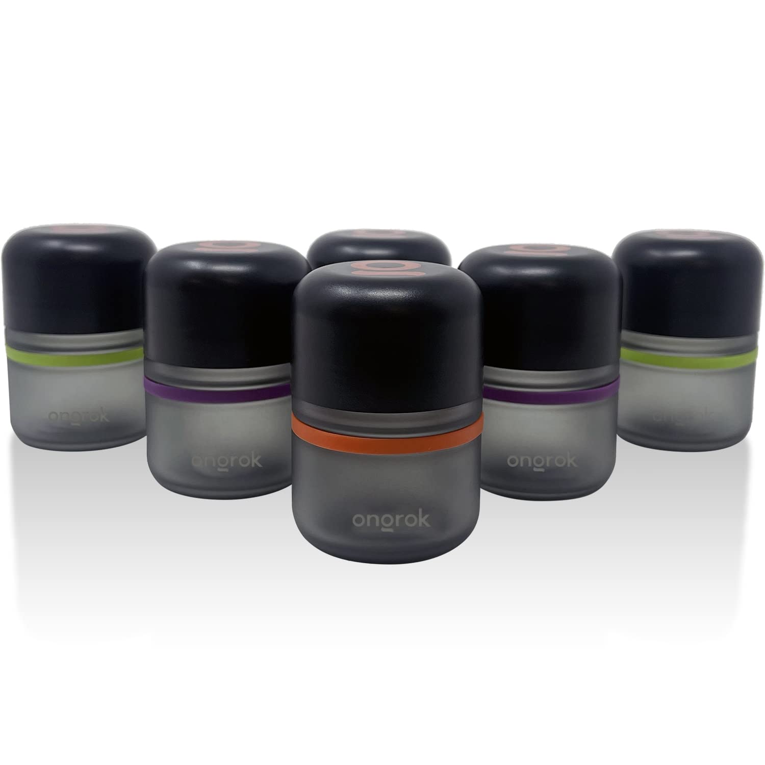 Photo 1 of ONGROK Glass Storage Jar, 80ml, 6 Pack, UV Herb/Spice Jar with Child Resistant Lid, Color-Coded Glass Containers Air Proof to Preserve Smell and Aroma, Perfect Size to Store in a Drawer or Cupboard