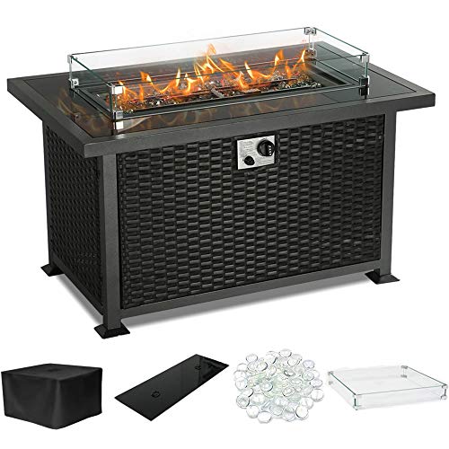 PIEDLE Outdoor Propane Gas Fire Pit Table,44-inch 50,000 BTU Patio Fire Table, Black Tempered Ta ...