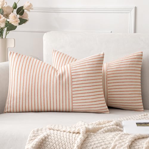 Photo 1 of MIULEE Burnt Orange and Beige Patchwork Farmhouse Pillow Covers 12x20 Inch, Pack of 2 Striped Linen Decorative Modern Accent Pillow Cases for Summer Sofa Couch Bedroom