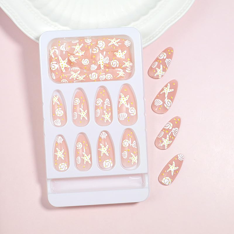 Summer Press on Nails Almond Beach Fake Nails 3D Ocean Acrylic Nails White Sea Shell Starfish Artificial Nails Medium Length False Nails Glue on Nails for Women Girls Manicure 24Pcs - Image 4