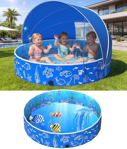 Luxfero Children's Swimming Pool with Canopy, Children's Pool with Sun Shield, Thickened Foldable Paddling Pool for Children, Anti UV, Easy to Store, Family Pool for Garden Beach, 130 x 130 x 30 cm