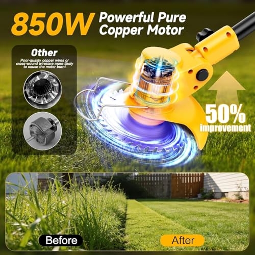 Electric Weed Wacker Cordless with Wheels,Electric Weed Eater Battery Powered 4000mAh,4 in 1 Grass Trimmer/Brush Cutter/Grass Edger/Lawn Mower,No String Trimmer with Blade,2 Battery
