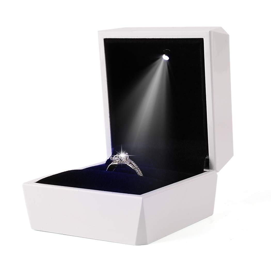 iSuperb Ring Box Proposal Engagement Square Ring Boxes with LED Light Case Jewelry Gift Box for Proposal Wedding Valentine's Day Anniversary Christmas (White)