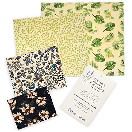 Ozzie Journey Beeswax Food Wraps Reusable, Eco Friendly, 4 Pack S, M, L, XL,100% Cotton and All Natural, Sustainable, Environmentally Friendly, Great For Kids School Lunches and Covering Food in Containers