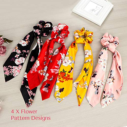 Silk Satin Hair Scrunchies Scarf, 12 Pcs Ribbon Bow Scrunchies, Soft Scarf Hair Ties Bowknot Ponytail Holder for Women Girls, Including 4 Solid Colors & 4 Stripe Styles & 4 Flower Pattern