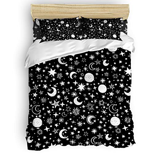 Black Bright Stars and Moon 4Pcs Bedding Sets Twin Size Duvet Cover Soft Stylish Home Decor with Zipper and Corner Ties