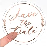 100 x Save The Date Envelope Seals – Rose Gold Wedding Stickers – Clear Transparent Favor Labels – Embossed Foil Save The Date Stickers – 1.6 Inch Round (Rose Gold)
