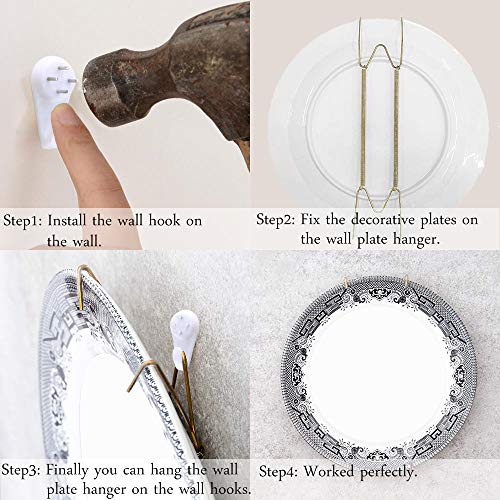 ManYee Plate Hangers 10 Pack Wall Plate Hangers 7.5 to 9 Inch Stainless Steel Decorative Wire Plate Hangers Holders for Wall Brass Coated and 12 Pack Wall Hooks