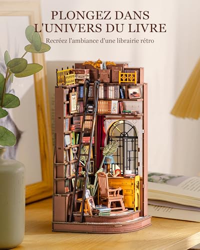 Rolife Book Nook DIY Miniature House Kit Wooden Adult Model with Lights Silent Corner Study Booknook Puzzle 3D Bookends Diorama Library Decoration Book Living Room