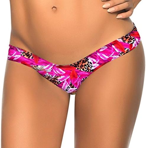 Sexy Stretch Bikini Briefs Panties, Anxinke Women Brazilian Printed Bathing Swimsuit Bottom Thong (M, Hot Pink C)
