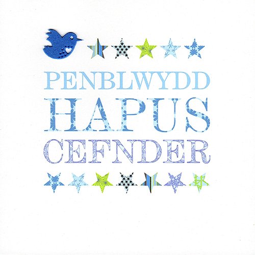 Claire Giles Greeting Cards, Welsh Happy Birthday Cousin Card, Penblwydd Hapus Cefnder, Blue Stars Welsh language Greeting Card