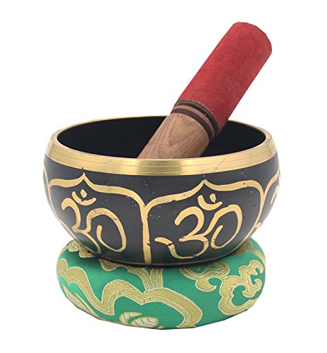 DharmaObjects Relaxing Yoga Meditation Om Peace Singing Bowl / Silk Cushion / Rosewood Mallet Set (Medium, Black)