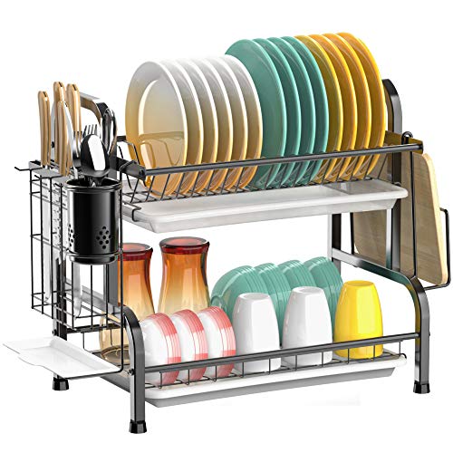 Dish Drying Rack, Cambond 304 Stainless Steel 2 Tier Dish Rack with Drain Board, Utensil Holder, Cutting Board Holder, Rustproof Dish Drainer for Kitchen Countertop, Black - Thumbnail 7