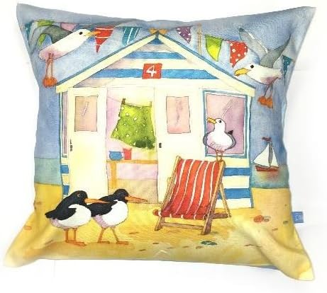Emma Ball Designs BEACH HUT - BESIDE the SEA 16" x 16" Cotton Cushion Cover
