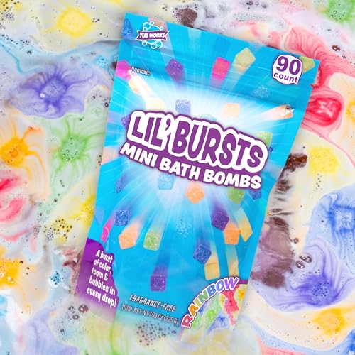 Tub Works® Lil' Bursts™ Mini Bath Bombs for Kids, 90 Count, Rainbow | Nontoxic | Tiny Kids Bath Bombs with A Burst of Color, Foam & Bubbles | Customize Toddler Bath with 7 Colors | Make Bathtub Art