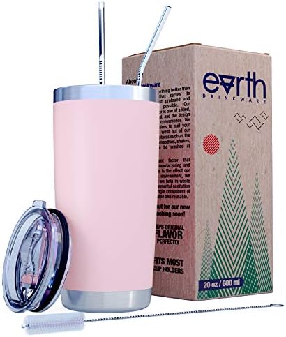 EARTH 20 oz Soft Pink Stainless Steel Tumbler with Splash Proof Lid, 2 Straws, Pipe Brush & Gift Box - Double Wall Travel Mug Flask | Vacuum Insulated Rambler Coffee Cup | BPA Free