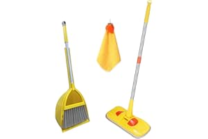 BSMstone Kids Cleaning Set for Toddlers 4 Pcs Housekeeping Play Set Housekeeping Pretend Play Kit -Broom,Dustpan,Mop,Hand Towel (Yellow 4-Piece Set)