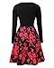 Womens Vintage Midi Dress Floral Long Sleeve A-line Cocktail Party Swing Dress with Pockets Black