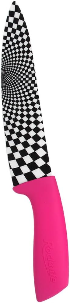 ROCKNIFE Zirconium Ceramic Kitchen Knives | Black & White Check Collection - Pink Handles - 8 inch Blade