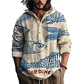 Men’s Hooded Linen Henley Shirt – Boho Vintage Art Print Long Sleeve Casual Beach Top