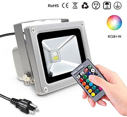 SHEKAR 10W RGBW LED Flood Light, IP65 Waterproof LED Security Light for Outdoor and Indoor, 6 Colors &amp; 4 Modes with Remote Control, Dimmable Wall Washer Light, Stage Lighting with US 3-Plug