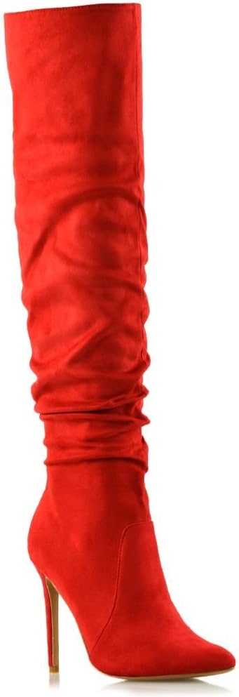 Womens Stiletto Heel Knee High Ladies Pointed Slouch Ruched Boots Size 3-8