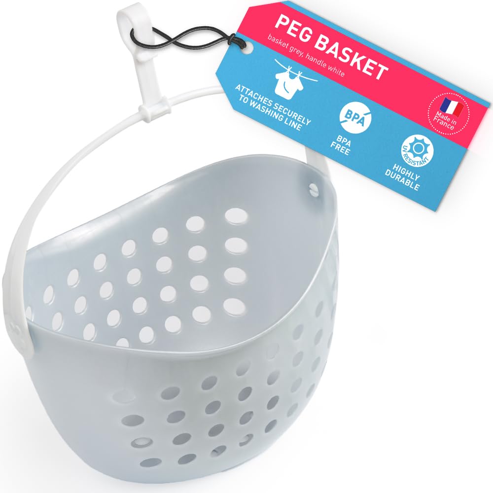 culiclean Peg Basket for Washing Line with Hanger – Clothes Pegs Holder for Outdoor Indoor Use – Peg Basket Without Pegs for Laundry Drying – 1 Basket – grey-white