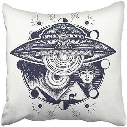 Soksar Throw Pillow Cover Square 18x18 Inch Ufo and Ancient Egypt Tattoo Paleocontact Symbol of Contact with Aliens Astronauts Spaceship Over Zipper Print Pillowcase Two Side Design Home Sofa Decor