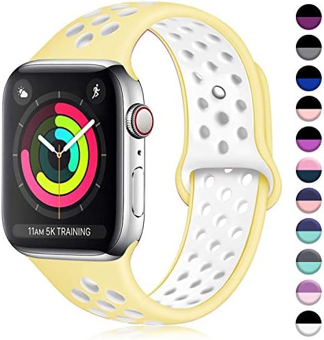 ilopee Sport Band Compatible for Apple Watch 40mm Series 5 4, Breathable Strap Wristbands Replacement with Holes for iWatch 38mm Womens Series 3 2 1, Light Yellow/White, S/M