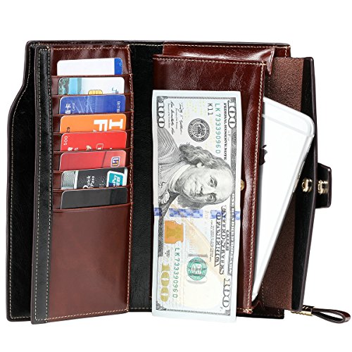 Itslife Women's RFID Blocking Large Capacity Luxury Wax Genuine Leather Cluth Wallet Ladies Card holder (Coffee RFID Blocking)