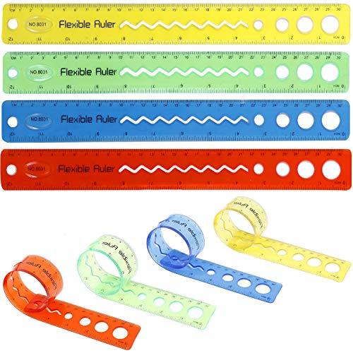 8 Pieces Shatterproof Flexiable Ruler 12in(30cm) Thick Durable Transparent Rulers Plastic Soft Straight Ruler Math Dual Side Rulers for Students, Teachers, School, Home, Office (4 Colors)