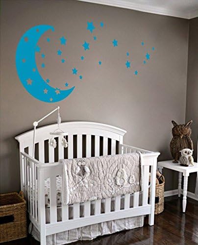 Moon and Stars Night Sky Vinyl Wall Art Decal Sticker Design for Nursery Room DIY Mural Decoration (Teal, 22x49 inches)