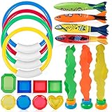 Coogam Diving Toy 19PCS Pool Accessories Set 4 Dive Ring,4 Throw Torpedo Bandit,3 Stringy Octopu,8 Jewel Gem for Pool Sinking Swimming Game Underwater Training Play Water Gift for Kid Child Boy Girl