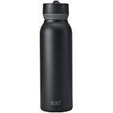 BUILT 40oz Cascade Double Wall Vacuum Insulated Stainless Steel Water Bottle with Wide Mouth Straw Lid, Black