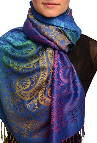 Mirrored Ombre Paisleys On Persian Blue Pashmina Feel With Tassels - Scarf Mirrored Ombre Paisleys On Persian Blue Pashmina Feel With Tassels - Scarf