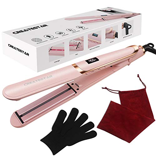 CREATESTAR 1 inch Infrared Flat Iron Ceramic Ionic Hair Straightener with Adjustable Temp | Dual Voltage | Incl Glove & Pouch Travel Hair Straightening Iron for Shiny & Silky Hair -Pink