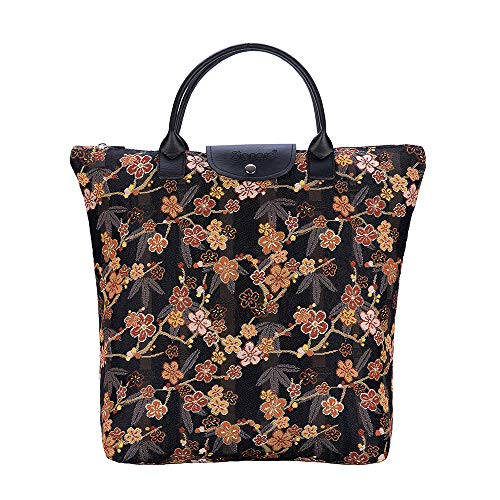 Signare Tapestry Foldable Tote Bag Reusable Shopping Bag Grocery Bag with Designs Inspired by V&A Collections (Ume Sakura; FDAW-Sakura)