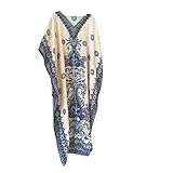 Womens Caftan Evening Wear Beige Dashiki Print V-Neck Bohemian Kaftan Dress
