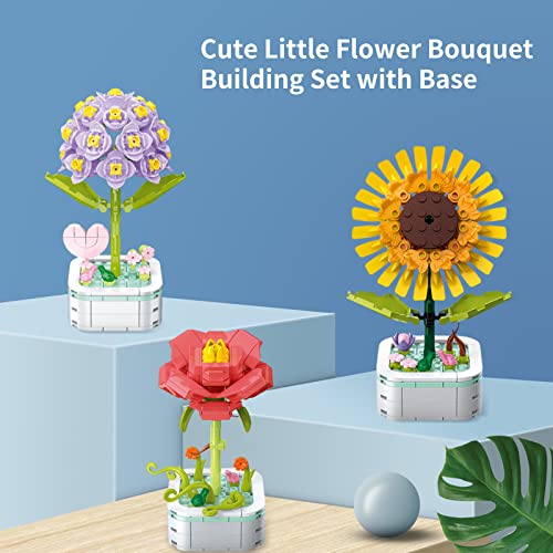 Flower Bouquet Building Set with Base, Cute Sunflower Artificial Plant