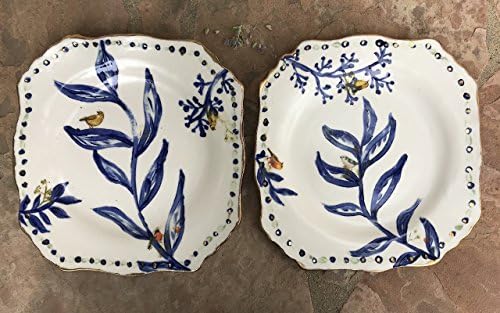 Royal Blue and White Square Plate Set of 2 with Birds, Handmade Pottery Dinnerware