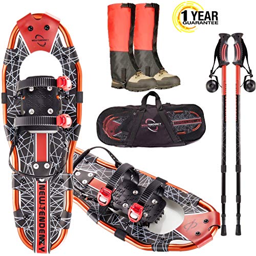 Newtendency 25"/30" Terrian Lightweight Snowshoes+Adults Men Women Youth Trail Snow Shoes+Waterproof Leg Gaiters +Anti-Shock Adjustable Trekking Poles Snowshoeing +Free Carrying Bag (Red, 30)
