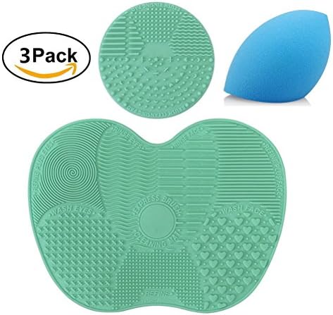 3 pcs/set Makeup Brush Cleaning Mat Pad with Sucker, 1 Apple Shape Mat,1 Circle Shape Mat and 1 Makeup Sponge Puff, Silicon Brush Cleaner Scrubber Board