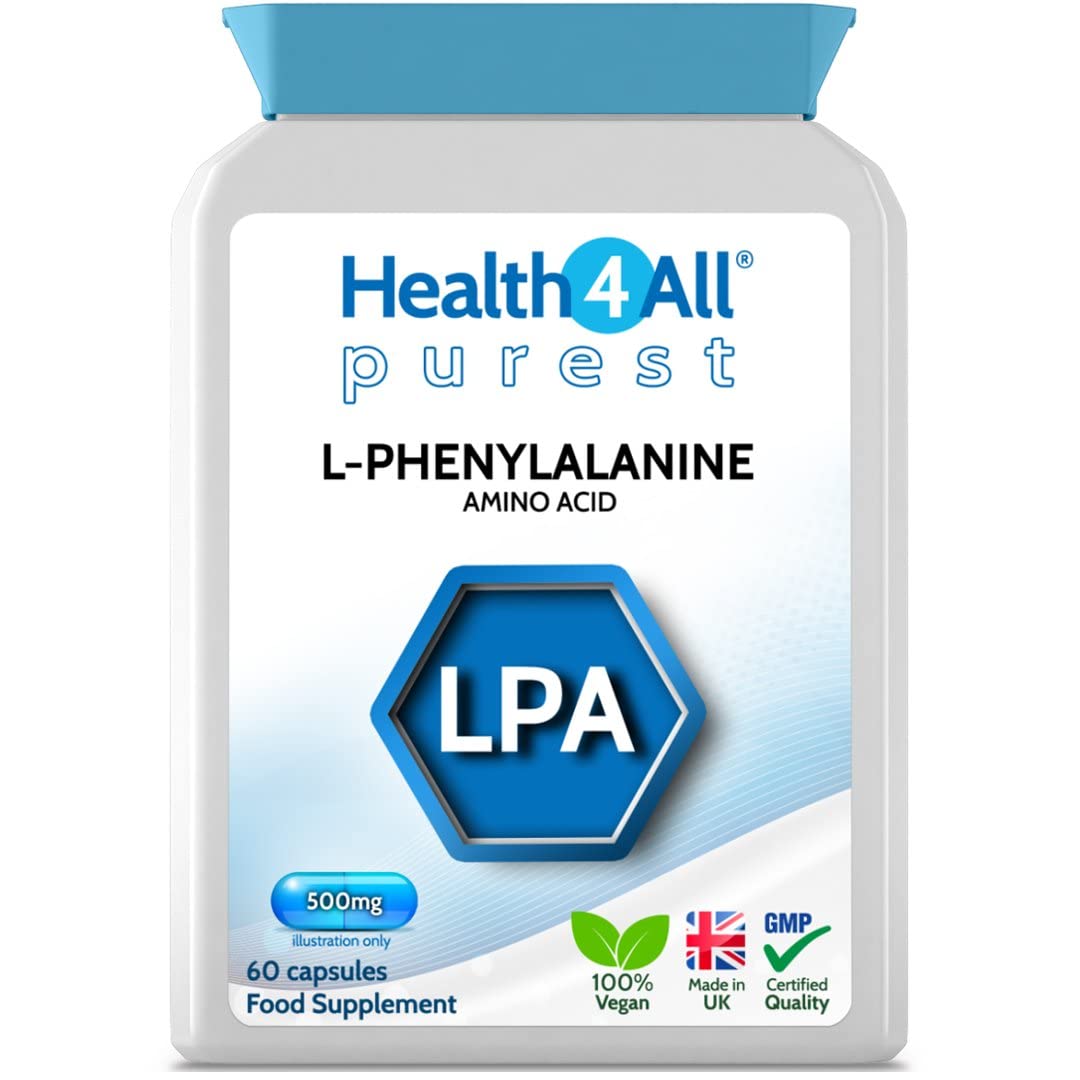 L-Phenylalanine 500mg 60 Capsules (V) .(not Tablets) Purest- no additives for Mood, Memory, Attention and Thyroid. Vegan Natural L- Form. Made in The UK by Health4All