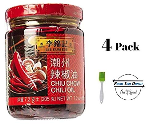 Lee Kum Kee Chiu Chow Chili Oil net wt. 205g (7.2oz) (Pack of 4) with Silicone Basting Brush in a Prime Time Direct Bag