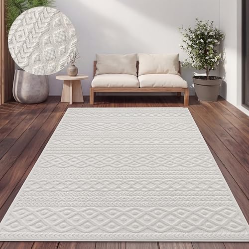 Paco Home Teppich Outdoor Wetterfest, Moderne abstrakte Boho Designs mit 3D Struktur, Pflegeleicht, ideal für Terrasse Wohnzimmer & Küche, Grösse:200x