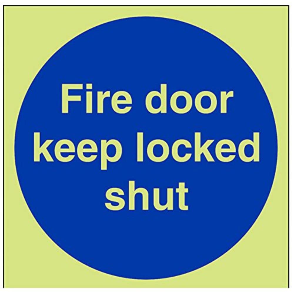 V Safety Glow In The Dark Fire Door Keep Locked Shut Sign - 200mm x 200mm - Rigid Plastic — image 1
