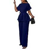 Women's 2 Piece Outfits Suit Set Short Sleeve Peplum Top Flared Pants Sets Business Pantsuits