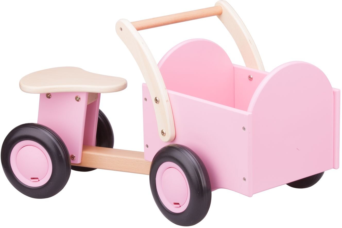 New Classic Toys 11404 Baby Wooden Carrier Bike Ride On Trike Toy, Toddlers First Tricycle for One Year Old, Children Scooter for Age 18 Months with 4 Wheels Pink Color