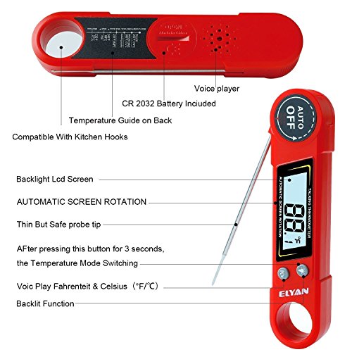 ELYAN Kitchen Thermometer Meat Thermometer Cooking Thermometer BBQ Thermometer Report Thermometer Instant Read Thermometer with Blue Backlit LCD Display Voice for Grilling Food Milk Bath Water - Thumbnail 2